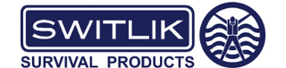 SWITLIK Survival Products logo - A manufacturer of survival products, featuring bold blue text with a person symbol in a wave-like circular design