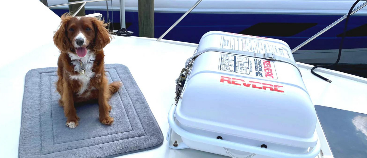 Dog sitting on deck of boat next to revere offshore commander life raft