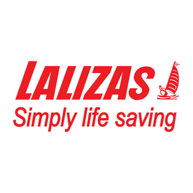 Lalizas logo - A red logo for a life-saving equipment company, featuring the tagline 'Simply life saving' and a small sailboat icon.