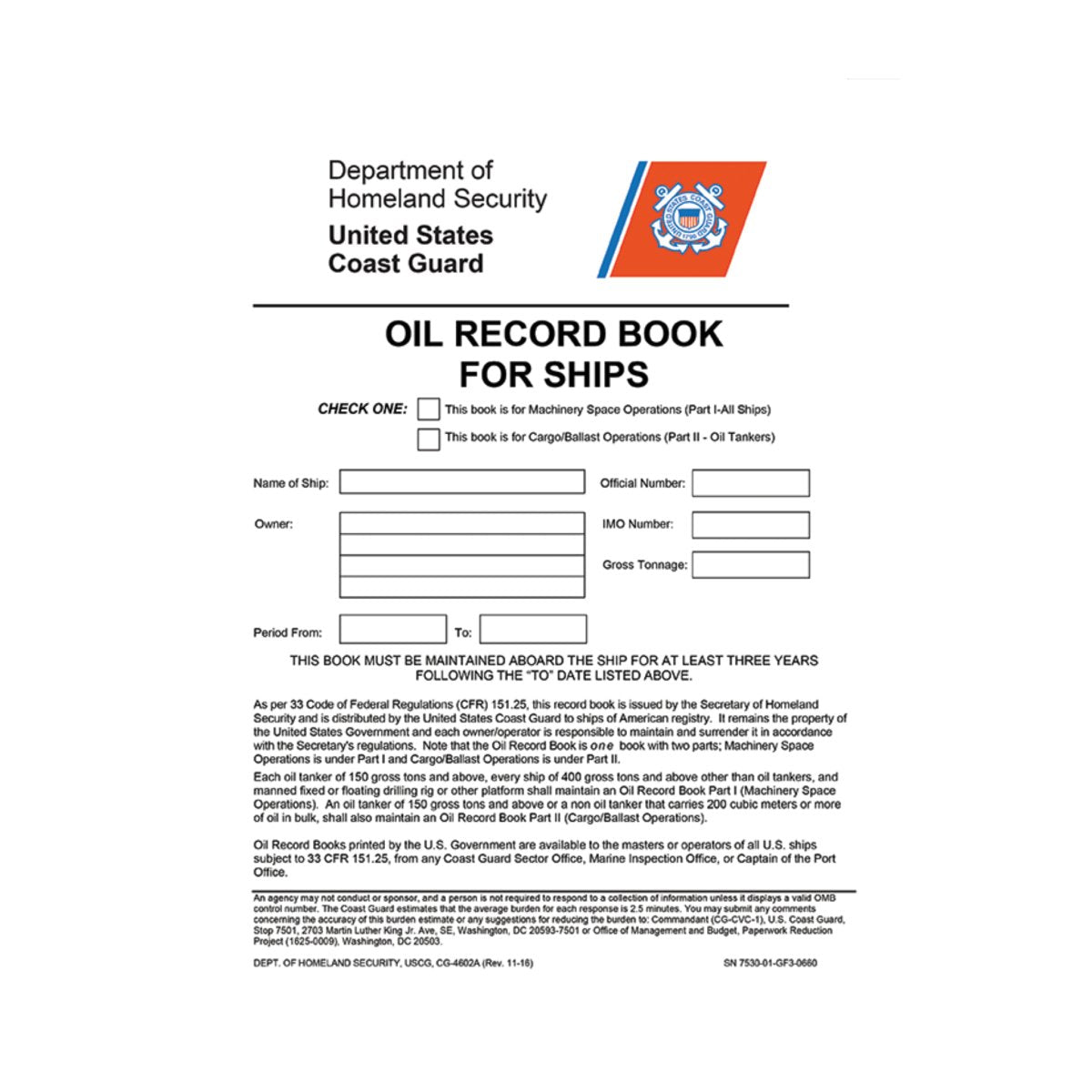 Oil Record Book for Ships - USCG And US Secretary Of Transportation - Life Raft Professionals