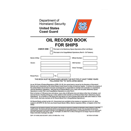 Oil Record Book for Ships - USCG And US Secretary Of Transportation - Life Raft Professionals