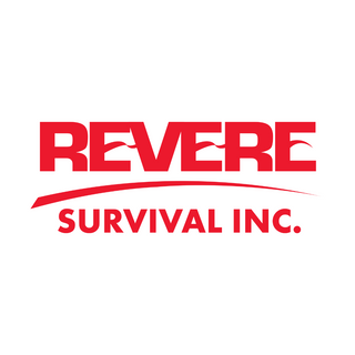 Revere Survival Inc. logo - A red text logo for a survival equipment company, with stylized waves in the lettering.