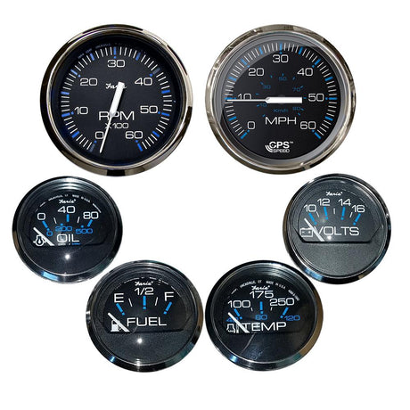 Faria Chesapeake Black w/Stainless Steel Bezel Boxed Set of 6 - Speed, Tach, Fuel Level, Voltmeter, Water Temperature Oil PSI - Inboard Motors [KTF064] - Life Raft Professionals