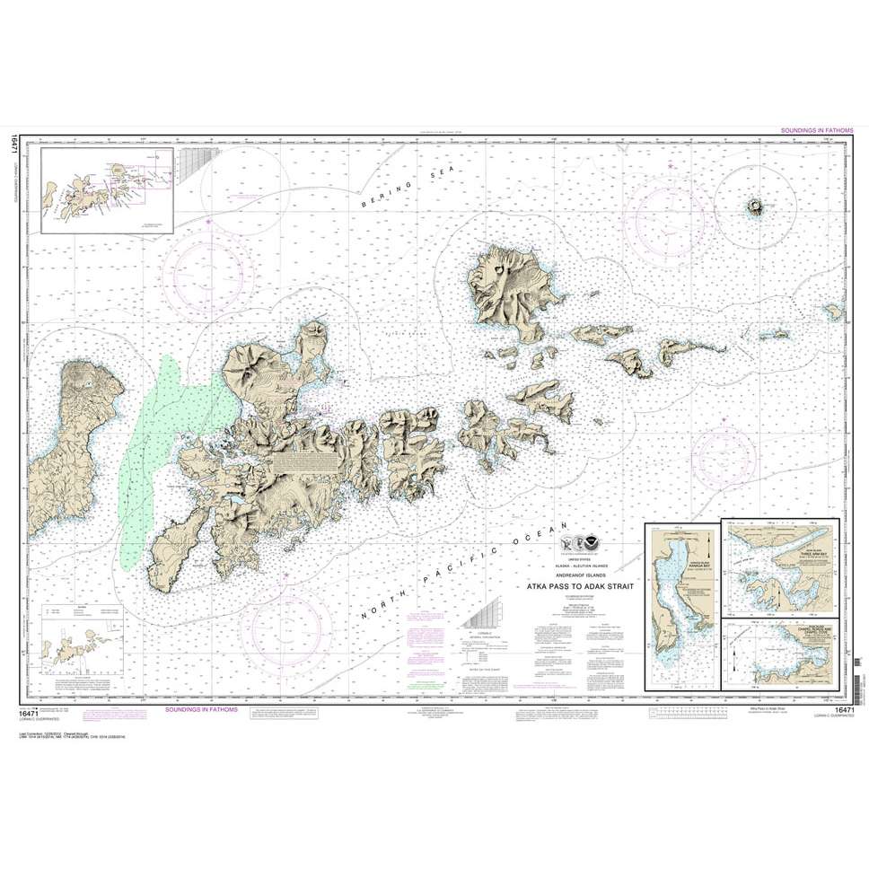 Historical NOAA Chart 16471: Atka Pass to Adak Strait; Three Arm Bay: Adak Island; Kanaga Bay: Kanaga Island; Chapel Roads and Chapel Cove: Adak Island - Life Raft Professionals