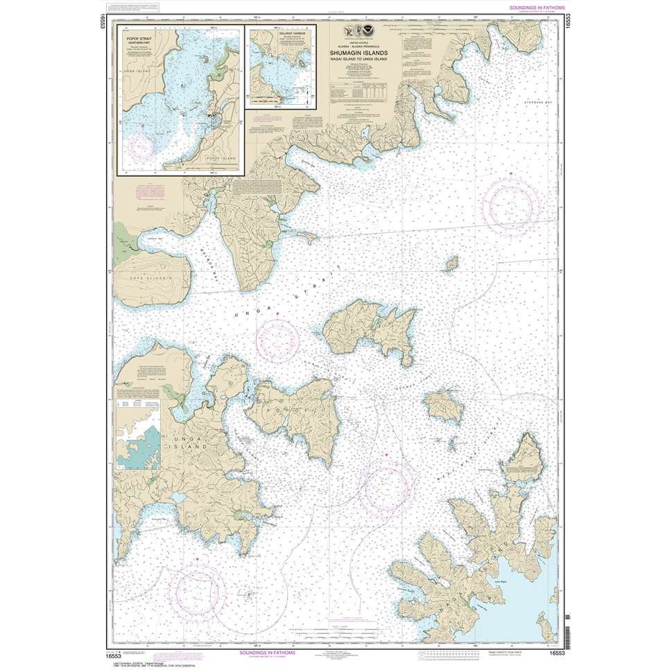 Historical NOAA Chart 16553: Shumagin Islands-Nagai I. to Unga I.; Delarof Harbor; Popof Strait: northern part - Life Raft Professionals