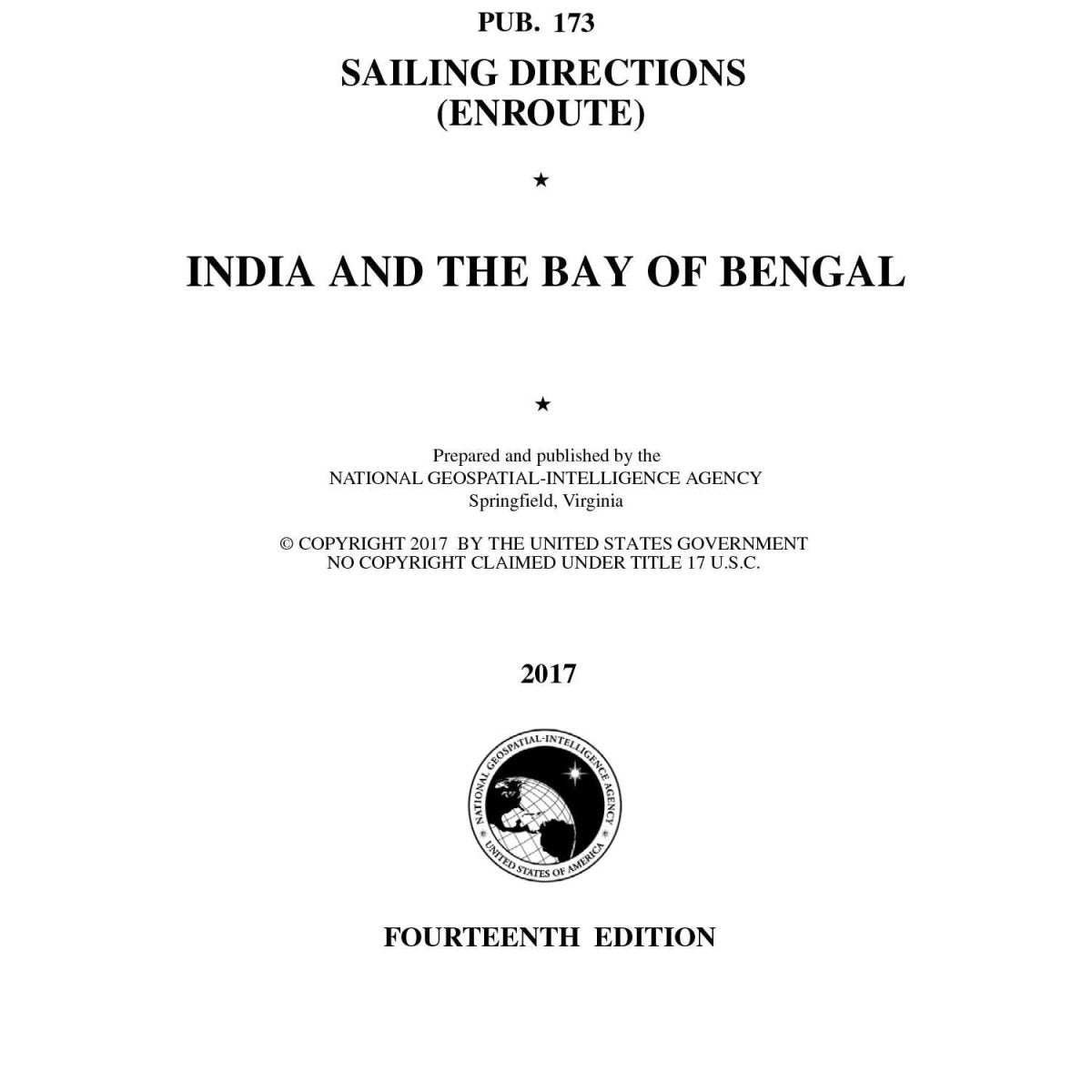 PUB 173 Sailing Directions Enroute: India and The Bay of Bengal (Current Edition) - Life Raft Professionals