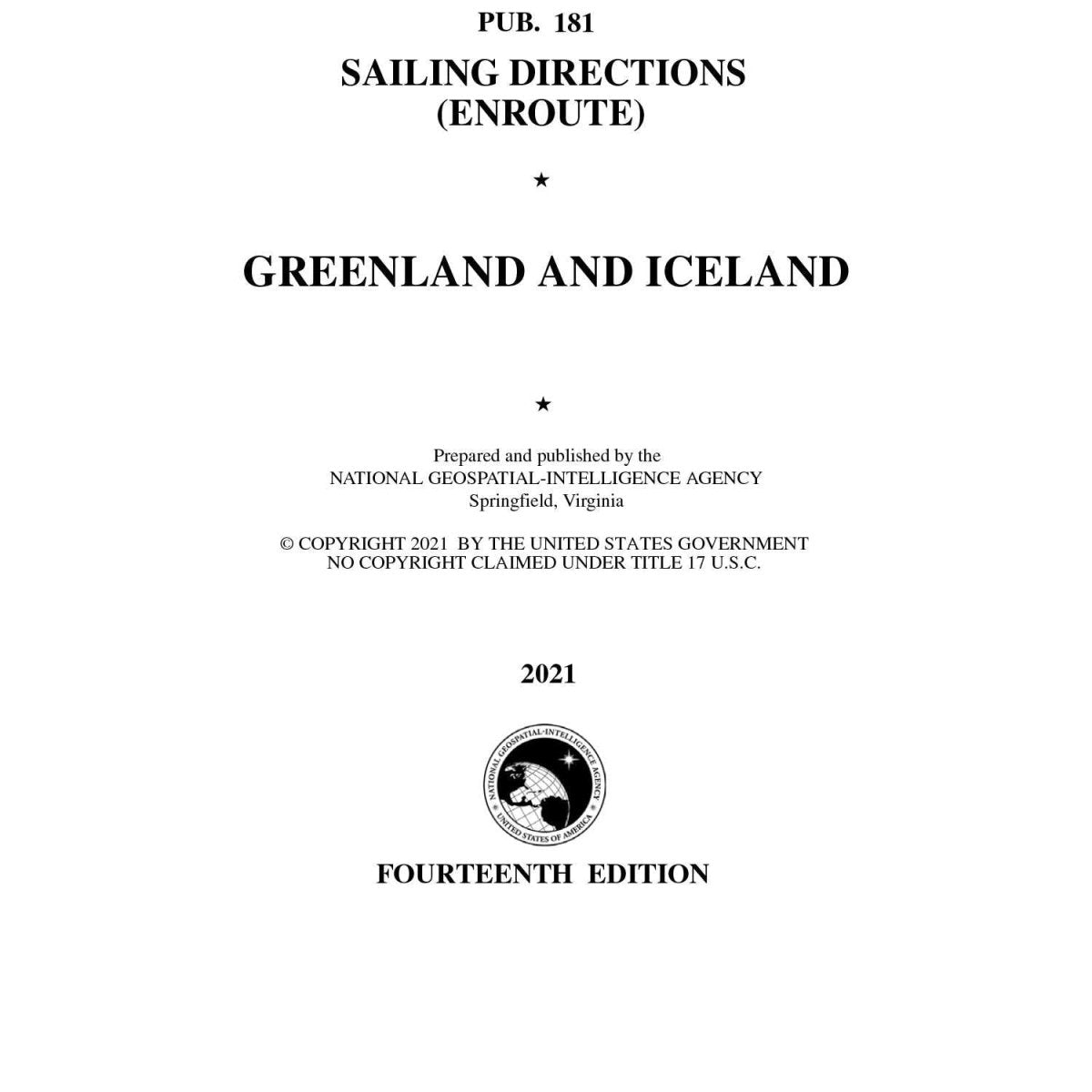 PUB 181 Sailing Directions Enroute: Greenland and Iceland (Current Edition) - Life Raft Professionals